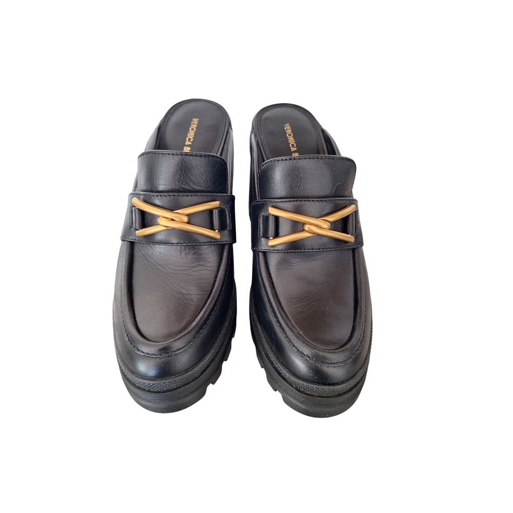 Veronica Beard Black Leather Lug Sole Mule Loafer Gold Hardware 8.5M